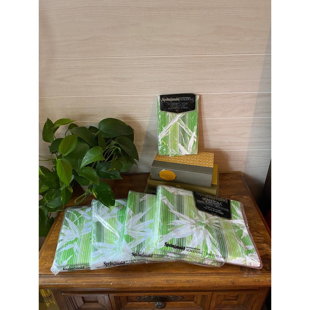 New Deadstock Vintage Springmaid Green Bamboo Stripe Twin Sheets and Pillowcases